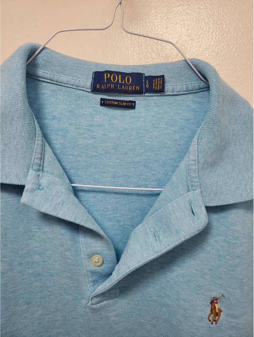 Polo Ralph Lauren Mens L Custom Slim Fit Lt Blue Heather Pony Polo Shirt Cotton